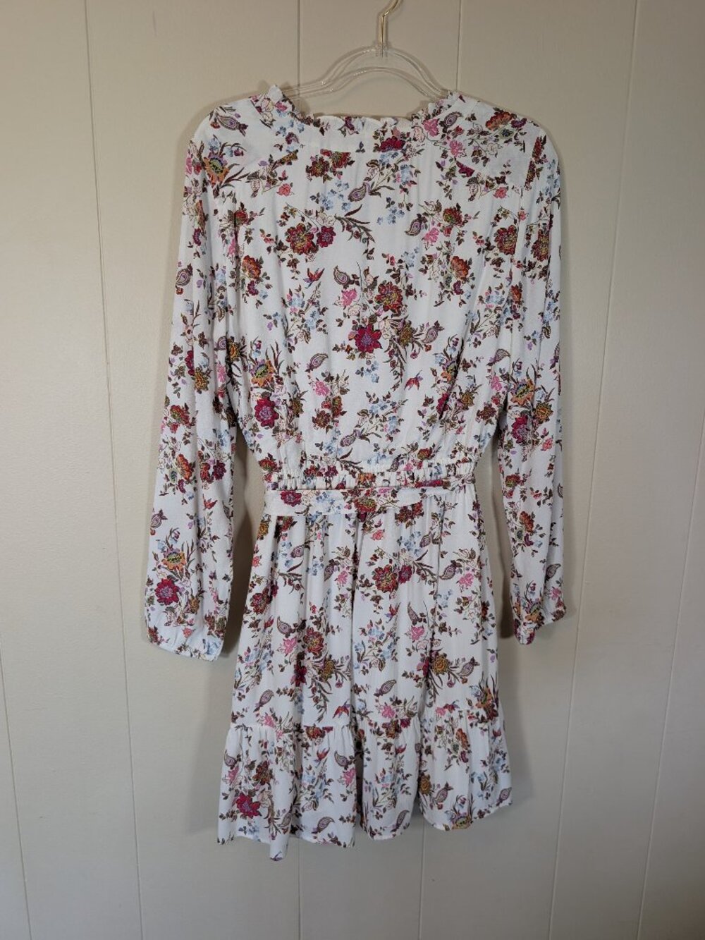 PAISLEY FLORAL Mini Dress L Long Sleeve Tie Waist Boho Romantic Rayon